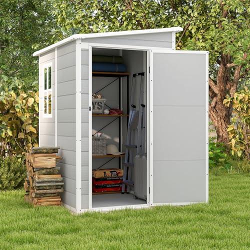 Patiowell 5x4 FT Outdoor Storage Shed with Floor, Resin Outside Storage Shed with Floor & Lockable & Window Door for Patio Furniture, Garden Tools and Bicycle, Light Gray