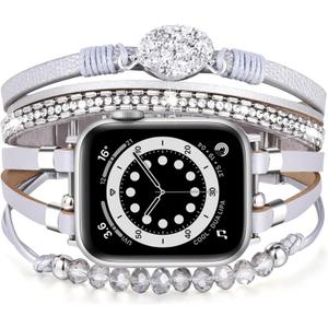 VISOOM Beaded Boho Bracelet Compatible for Apple Watch Band Women Leather Fashion Cute Handmade Multilayer Wrap Watch Straps for iWatch Bands 3/2/1 (38mm/40mm/41mm/42mm(series 10), Silver)