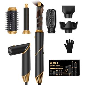 6 in 1 Hair Dryer Brush, Foldable Blow Dryer Brush with Air Styler Curler Wrap, Detachable Hot Air Brush Dry,Volumize, Straight,Curl, Negative Ion Brush Blow Dryer with Diffuser, Hair Styler Tools