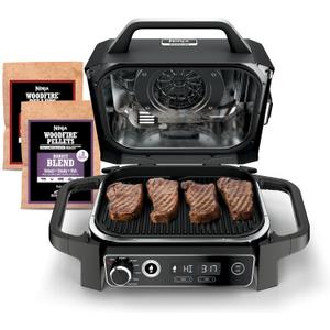 Ninja | Woodfire Series | 7-in-1 (Grill, BBQ, Roast, Air Fry, Dehydrate, Broil, Smoke) | Portable & Weather Resistant | Cook Up To 6 Steaks & 30 Hot Dogs | Woodfire Pellets included | OG701