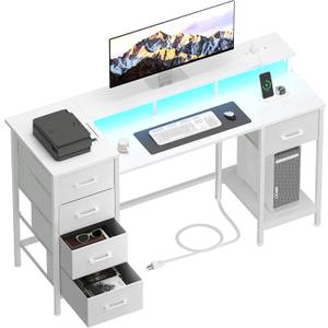 47 Inch Computer Gaming Desk with Power Outlets LED Lights Reversible Home Office with Adjustable Fabric Storage Drawers for Working Writing Study, White