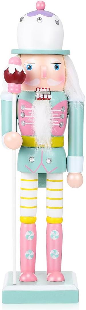 2 x Christmas Nutcracker Figure Ornament, 10 Inch Wooden Pastel Candy Nutcracker Soldier Christmas Decor for Holiday Tabletop Display Collectible Decoration