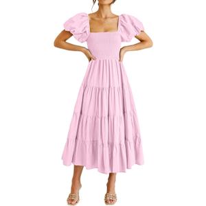 PRETTYGARDEN Women's Casual Summer Midi Dress Puffy Short Sleeve Square Neck Smocked Tiered Ruffle Dresses (Pink, Medium)