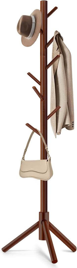 Coat Rack, Freestanding Coat Rack with 8 Hooks and 3 Adjustable Size Tree Coat Racks for Bedroom, Hallway, Entrance, Office, for Hats, Coats, Scarves, Handbags (1 PC, Brown)