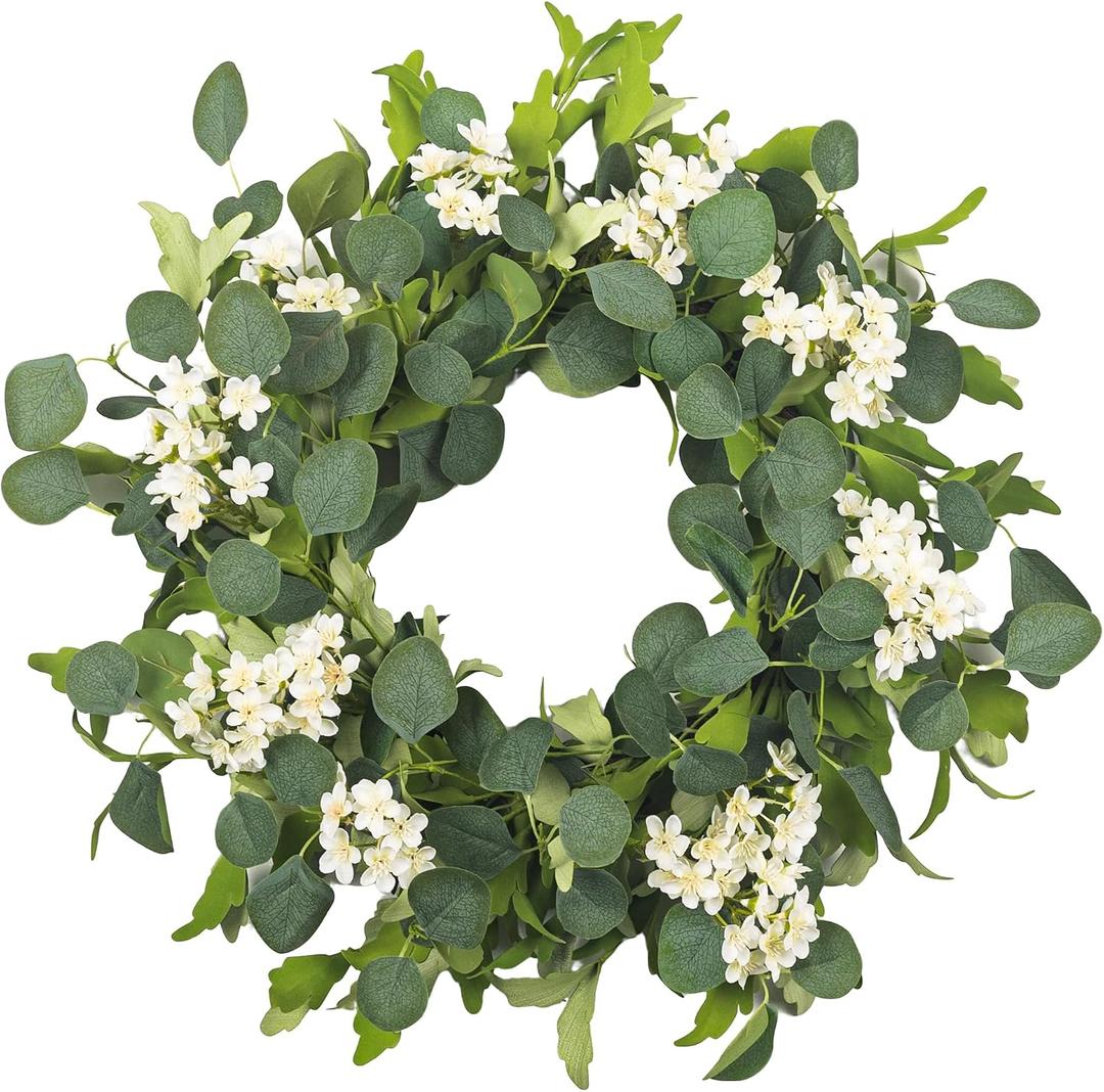 24" Spring Summer Wreaths for Front Door, Artificial Green Eucalyptus White Flower Cherry Blossom Grapevine Base for Farmhouse Porch Wedding Outdoor Indoor Year Round Home Decor