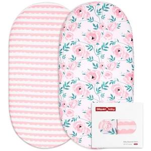 Gllquen Baby Bassinet Sheets Set 2-Pack, Breathable Cozy Bassinet Fitted Sheet Universal Fit Standard Mattress Oval Rectangle Cradle Baby Sheets for Baby Boy Girls Unisex 32"x16" (Pink Flower)