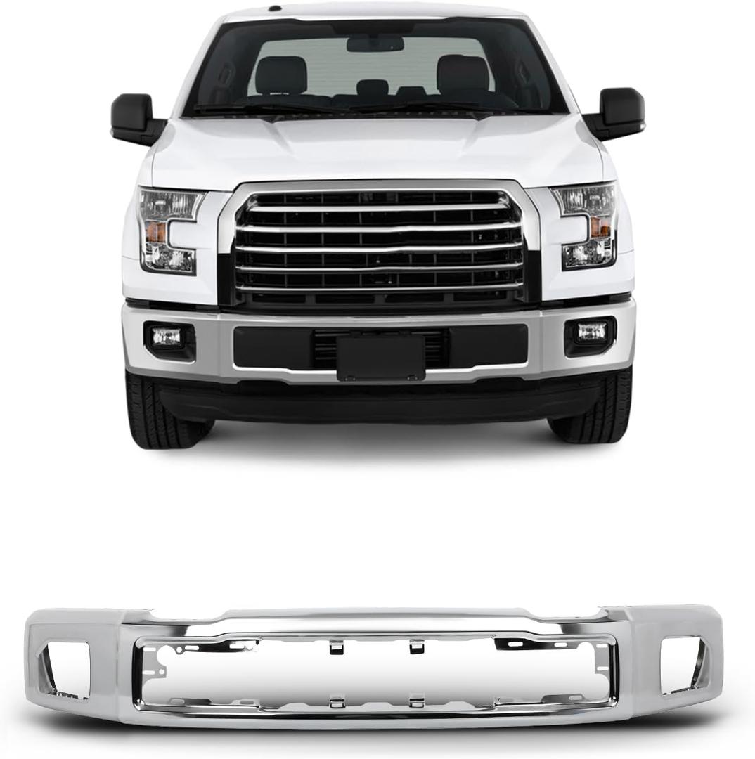 SCITOO Front Bumper Face Bar fit for Ford F-150 2015-2017 Chrome Steel Bumper Comes without Parking Sensor HolesWith Fog Light Holes