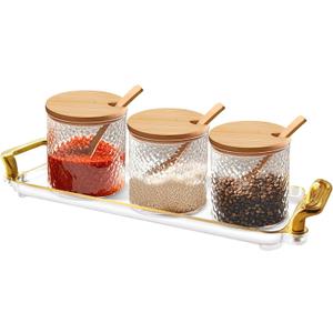 Glass Seasoning Containers Pot with Lids and Spoons Set of 3 Clear Spice Storage Jar and Containers with Display Tray for Home Kitchen Cafe, salt, sugar, pepper, spice Elegant and Durable