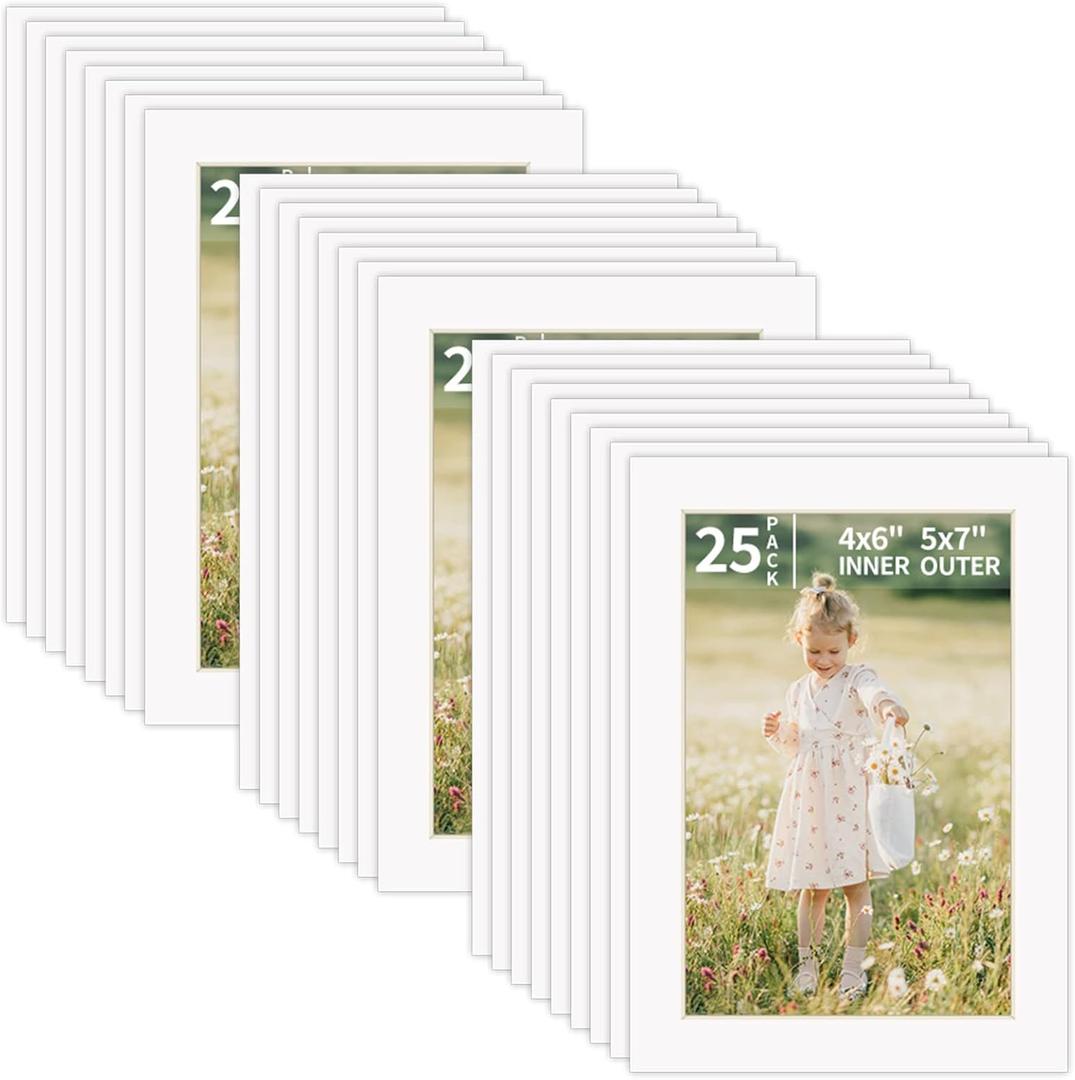 ZBEIVAN 5x7 White Picture Mats for 4x6 Pictures 25 Packs, Acid-Free White Core Bevel Cut Frame Mattes for Photos, Prints, Drawings, or Artworks