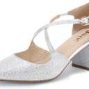 IDIFU Silver Heels for Women Women's Lynn Dress Low Heeled Pumps Closed Pointed Toe Block Chunky Heel Cross Strap Wedding Bridal Party Office Shoes(Silver Glitter, 8.5)