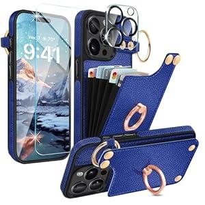 Fingic for iPhone 15 Pro Case Wallet [with 5 Card Holder] [1*9H Screen Protector+1*Camera Protector][360°Ring Holder]PU Leather Kickstand RFID Blocking Slim Protective Case for iPhone 15 Pro Case, Blue