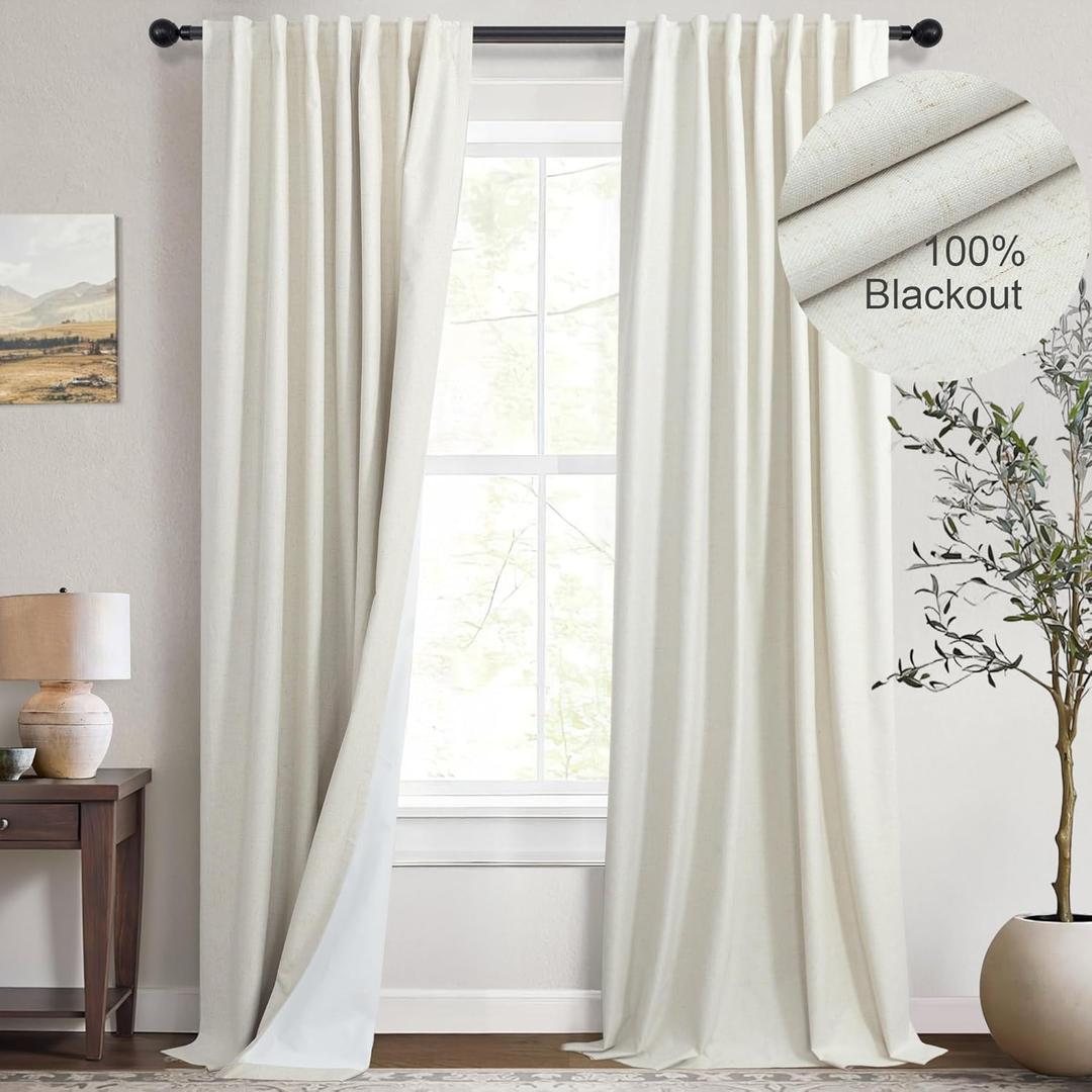 Cream Linen Blend Blackout Curtains 84 Inch Long 2 Panel Back Tab Thermal Insulated Light Blocking Curtain for Living Room Black Out Drape for Bedroom Neutral Rustic Farmhouse 52x84 Length Ivory White (Natural)