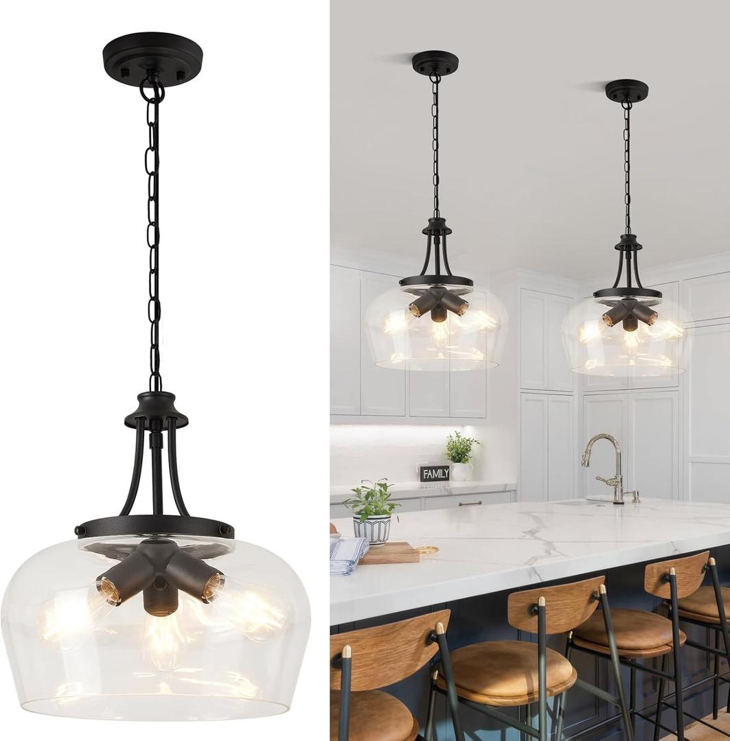 14.2" Modern Pendant Lights Kitchen Island, 3-Light Matte Black Pendant Light Fixtures with Clear Glass Shade, Industrial Hanging Pendant Lights Fixture for Kitchen Island Dining Room Bedroom Entryway