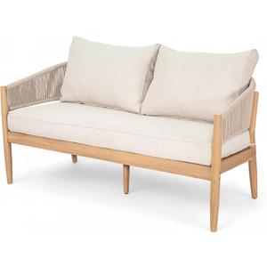 Christopher Knight Home Katarina Patio Acacia Wood Loveseat Furniture, Outdoor Loveseat Sofa with Comfy Fabric Cushions, 2-Seater Sofa with Handwoven Rope Backrest for Garden, Light Brown+Beige