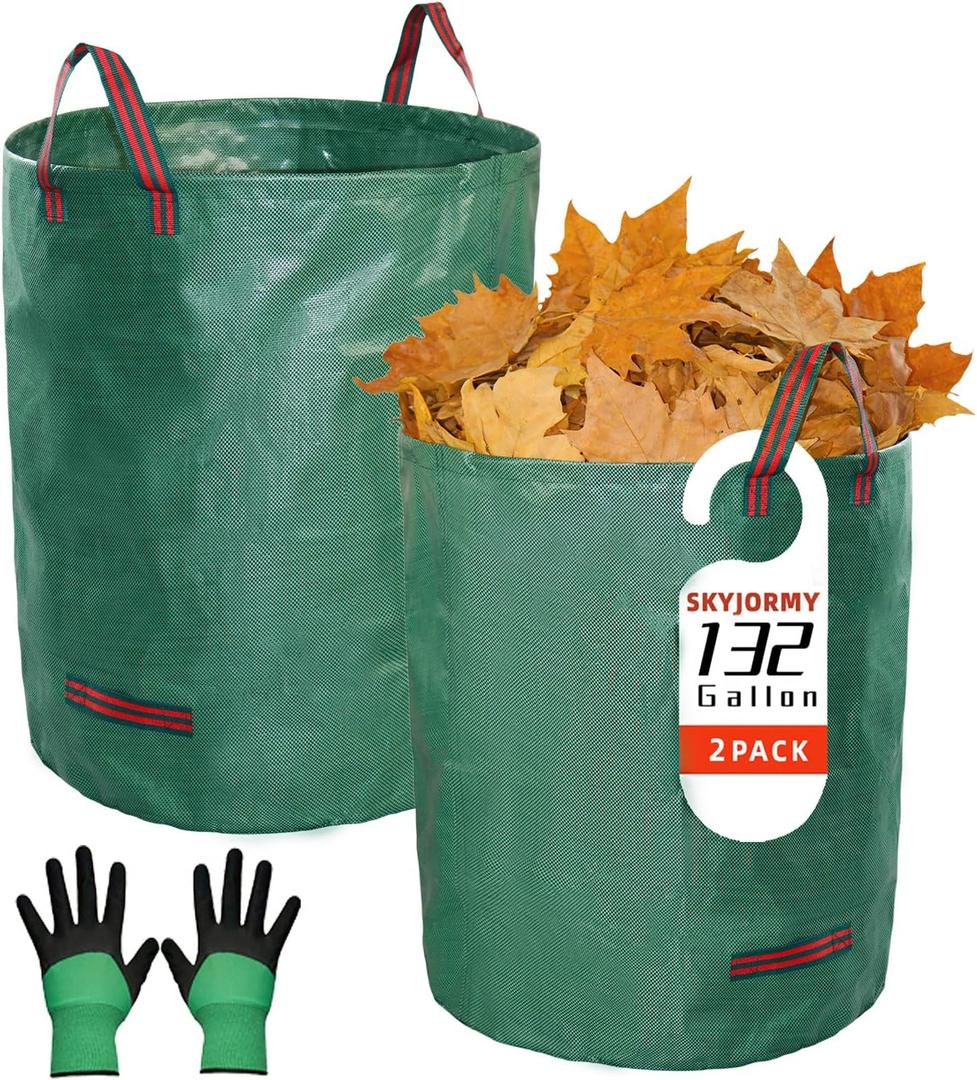 2-Pack Extra Large Yard Waste Bags, 132 Gallon Reusable Garden Bags with Gardening Gloves, Heavy Duty Leaf & Lawn Chute, Collapsible Clean-up Containers for Debris, Camping & Recycling