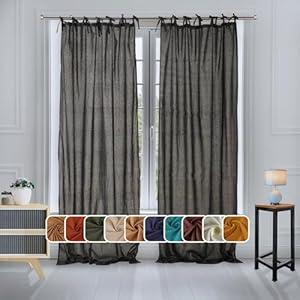 THE ART BOX Natural Gauze Blended Curtains Linen Sabsitute Energy Efficient Light Filtering Tie Top Door Window Treatment 2 Panel Drapes for Livingroom (Black, L 63" X W 42" Each Panel)