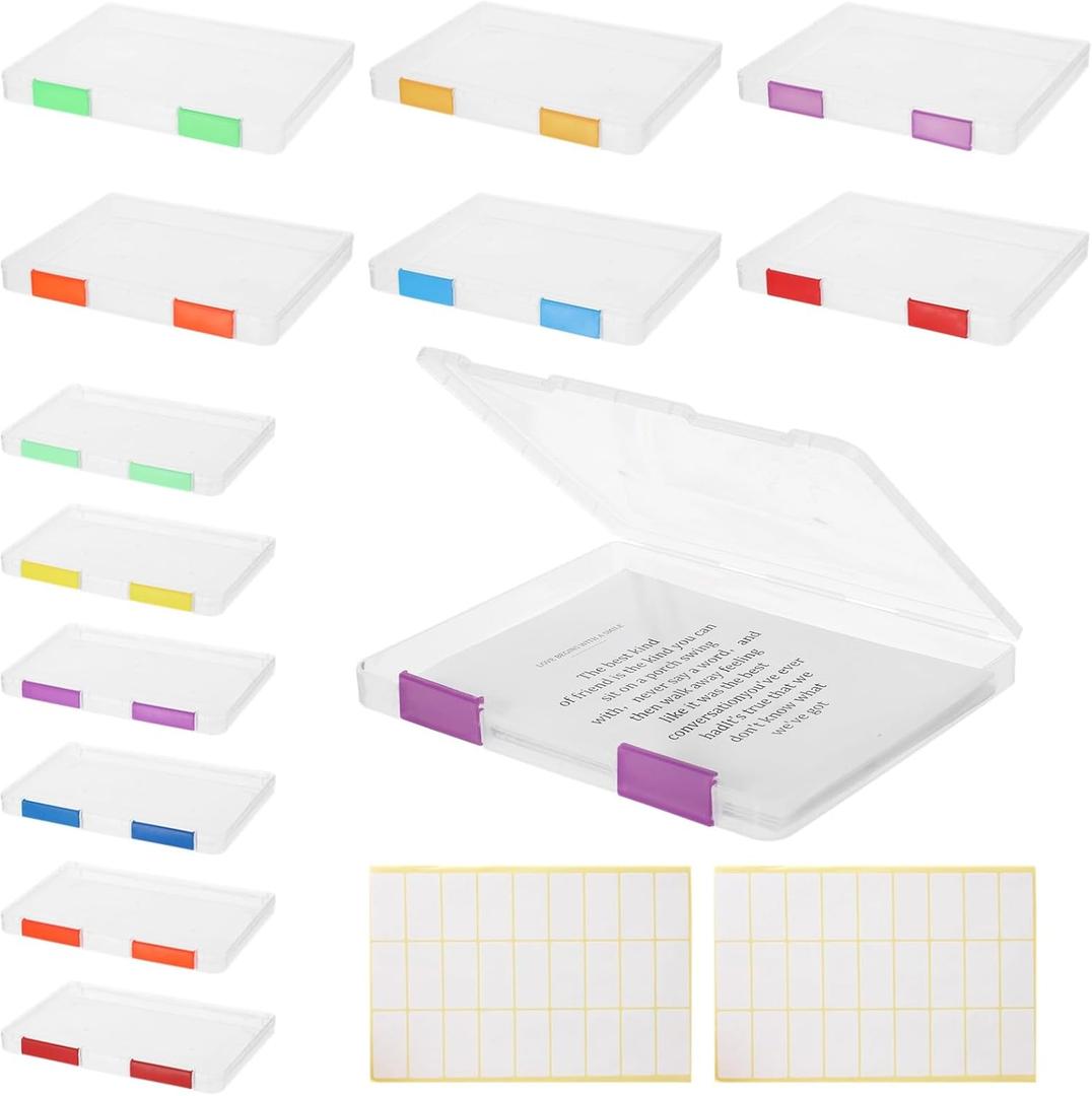 12 PCS Clear A4 A5 File Boxes, Plastic Paper Organizer with Color Buckles and 54 Labels, Stackable Magazine Protector Cases, Transparent Document Case for Office, School, Home