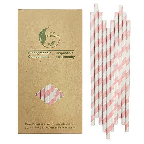 Cute Pink Striped Paper Straws, 100 Pack Pink and White Drinking Straws for Cake Pop Sticks, Princess Party Wedding Decoration - 100% Biodegradable
