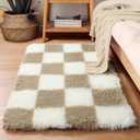 KICMOR Small Beige and Cream White Area Rugs for Bedroom, 2x3 Fluffy Fuzzy Plush Shaggy Checkered Rug, Soft Furry Bedside Rug Small Throw Carpet for Living Room Kids Girls Boys Nursery Home Decor