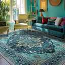 Area Rugs 5'x7' Washable Non-Slip, Floral Vintage Distress Print Pattern Medallion Carpet for Living Room Bedroom Dining Room, Teal Green Lake Blue