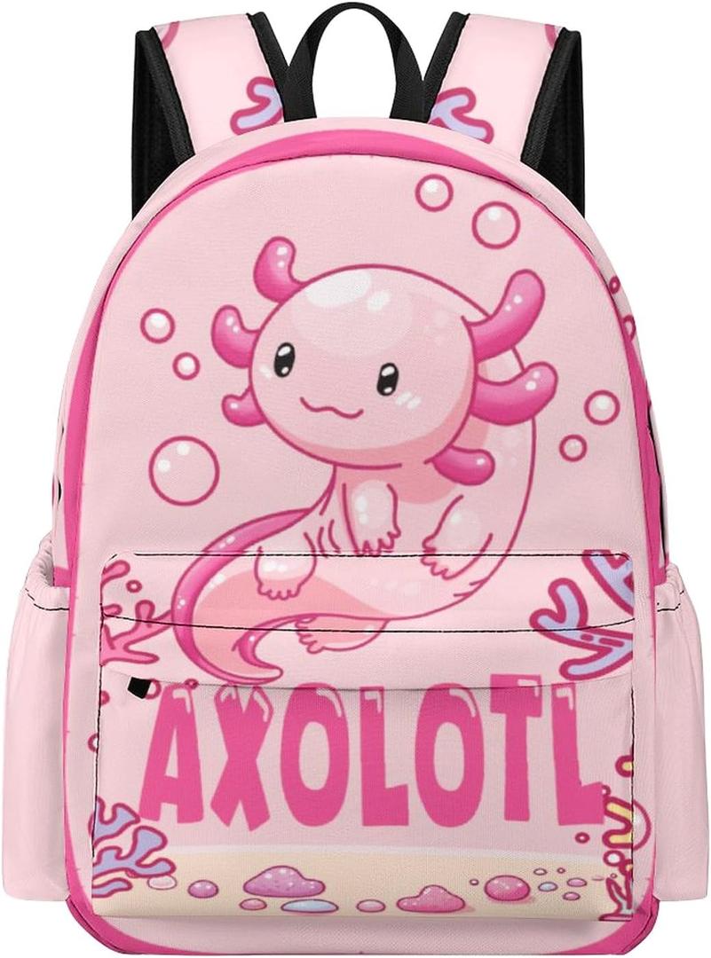 Axolotl Backpack for Girls, 16.5 Inch Axolotl Theme Bookbag with Adjustable Straps, Large Capacity School Cartoon Backpack