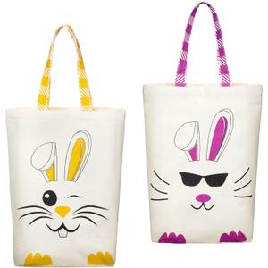 Weewooday 2 Pcs Easter Tote Bags for Kids Easter Canvas Gift Bags Bunny Ears Basket for Boys Girls (Purple, Yellow)