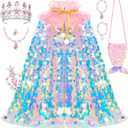 Meland Princess Dress Up for Girls 3-8, 11Pcs Mermaid Cape with Crown, Dress Up Clothes Birthday Gift Toys for Girls Toddlers (Pink)