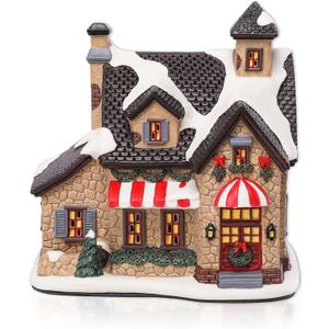 Christmas Village House Lighted Indoor Decorations Gingerbread House with LED Light Christmas Village Collectible Buildings Figurines Ceramic Shop House Light up Figurine for Holiday Xmas Decor