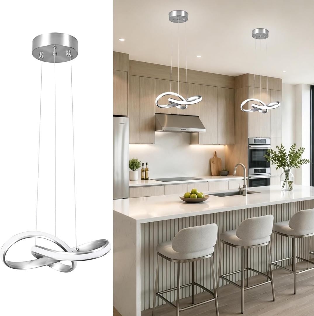 LED Chandelier Modern Pendant Light Fixture 2 Pack Simple Irregular Streamline Ring Light Nickel with 4500K and 59" Height Adjustable Hanging Lamp for Kitchen Island Hallway Foyer Corridor, 12 Inch