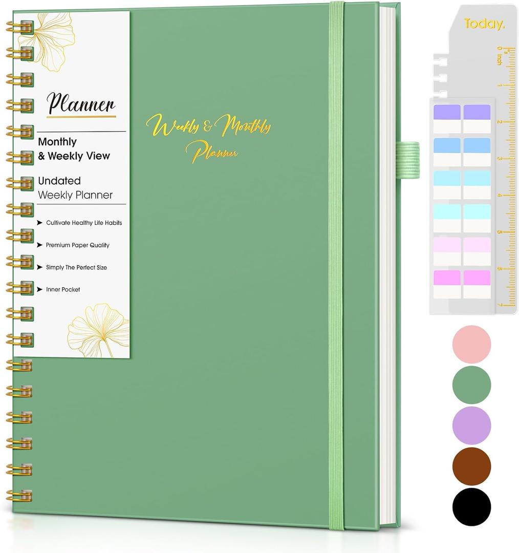 Undated Weekly and Monthly Planner, B5 Large Weekly To Do List Notebook with Goal & Habit Tracker Organizer, Hardcover Spiral Bound Blank Monthly Planner for Work School Home 7.4" x 9.64" Green