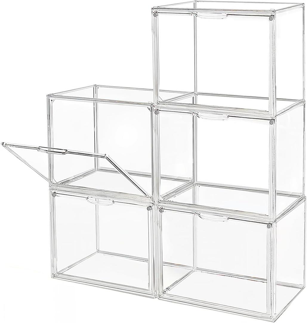 GUDEMAY Clear Stackable Plastic Storage Bins with Magnetic Lid, Dustproof Book & Cosmetic Display Cases, Large Figures Collectibles Showcase, Shoe Box, Protection Organizer (L, Count, 5)