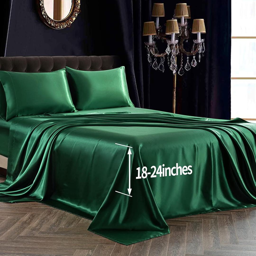 SiinvdaBZX 4Pcs Satin Sheet Extra Deep Pocket Sheets Queen Size, Ultra Silky Soft Emerald Green Satin Queen Bed Sheets Deep Fitted Sheet Set Fits 18-24 Inch Deep Pocket Mattress
