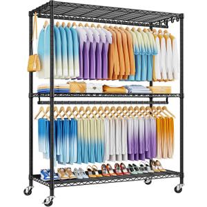 ULIFHOME P8 Max Heavy Duty Clothes RackWith Extended Width Design Rolling Clothing Racks for Hanging ClothesPortable Garment Rack with Lockable Wheels51.2" W x 15.8" D x 80.5" HLoad 700LBSBlack