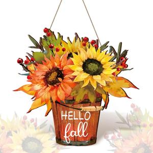 Hello Fall Wooden Farmhouse Home Sign with Sunflower for Porch, Thanksgiving, Autumn Front Door Outdoor Home Decor