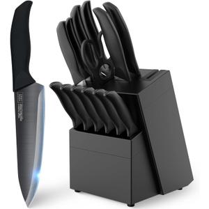 Home Hero Kitchen Knife Set - 15 PCS Black Knife Set with Block and Sharpener - Stainless Steel Knife Set - Ergonomic Handles - Includes Steak Knives Set of 6 - Knife Block Set for Kitchen
