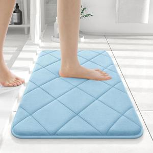OLANLY Memory Foam Bath Mat 24x16, Ultra Soft and Absorbent Bathroom Rugs, Machine Washable, Comfortable Bath Carpet for Bathroom Floor, Tub and Shower, Sky Blue