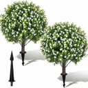 Artificial Boxwood Topiary Ball Trees with Baby Breath Flowers with Spikes for Outdoor 24" Set of 2 , UV Resistant Faux Greenery Shrubs, Realistic Fake Bushes Plant for Garden Yard Front Porch Decor