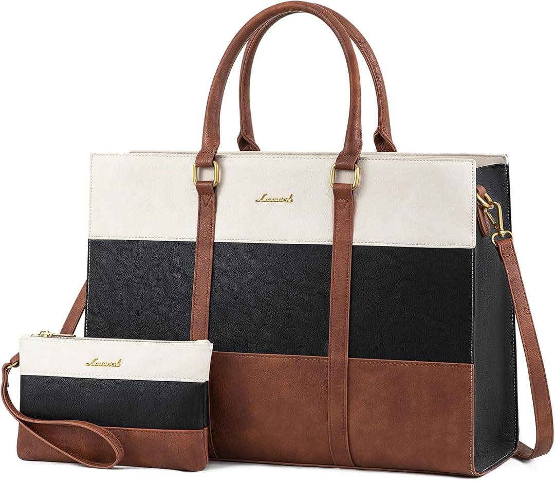 LOVEVOOK Laptop Bag for Women, 15.6 Inch Work Bags for Women, Vintage Leather Laptop Tote Bag, Waterproof Computer Bags with Clutch Purse, Large Capacity Briefcase, Business Office Handbag for Work (Black - Brown - Beige)