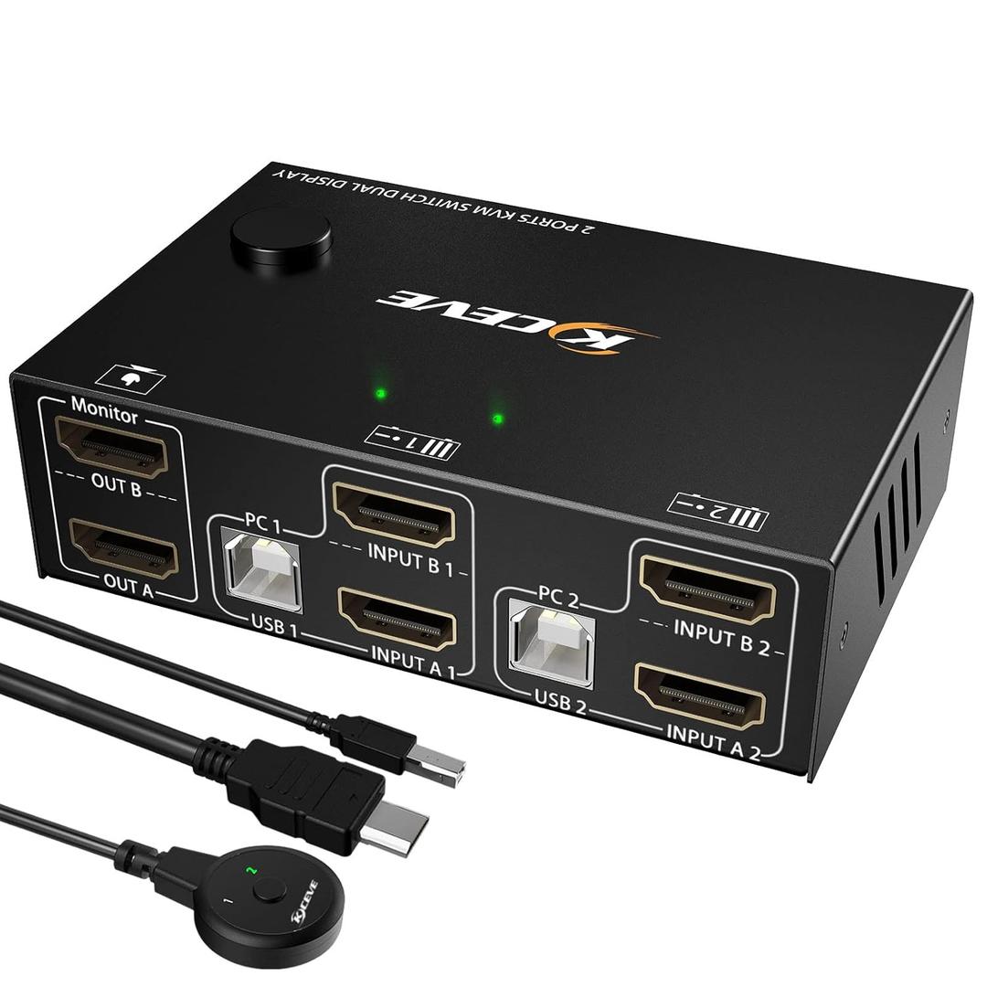 Dual Monitor KVM Switch HDMI 2 Port 4K@60Hz,MLEEDA USB HDMI Extended Display Switcher for 2 Computers Share 2 Monitors and 4 USB 2.0 Hub,Desktop Controller and USB HDMI Cables Included (4K HDMI KVM 2 monitors)