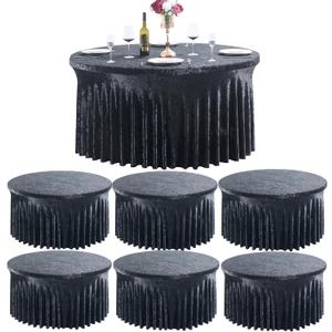 Outpain 6Pack 60 Inch Round Velvet Tablecloths - 120 Inch Stretch Spandex Table Cover with Floor-Length Skirt, Wrinkle-Free Luxury Elastic Table Cloths for Weddings,Banquets,Events (Black), 60in6Pack