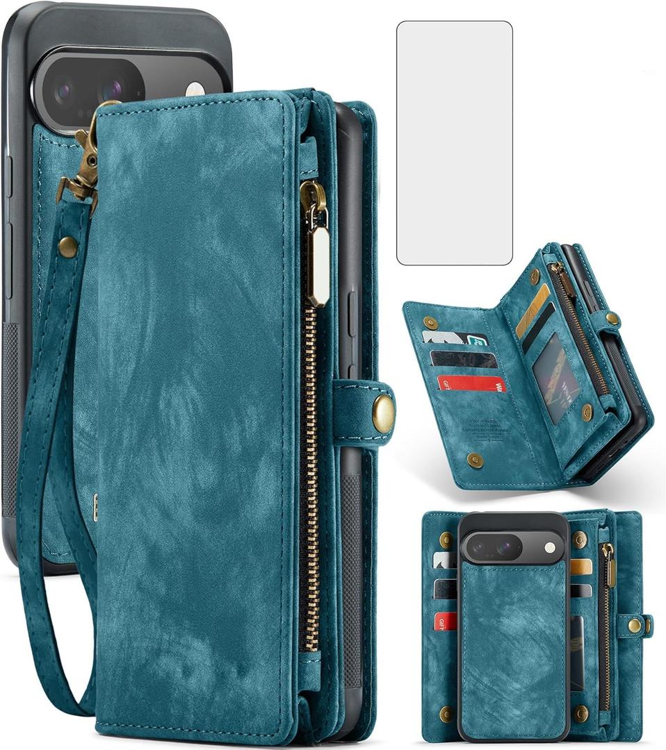 Asuwish Phone Case for Google Pixel 9/9 Pro 5G Zipper Wallet Detachable Cover with Tempered Glass Screen Protector and Leather Flip Credit Card Holder Cell Accessories Pixel9 9Pro Nine Women Men Blue