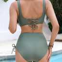Women's High Waisted Bikini Sets V Neck Twist Front Ruched Bathing Suit Padded Lace Up Back Two Piece Swimsuit (S)