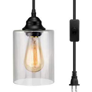 Plug in Pendant Glass Hanging Light, Industrial Mini Pendant Lighting with Glass Shade, Adjustable Farmhouse Hanging Lamp with Plug in Cord, Black Pendant Lighting for Kitchen Island