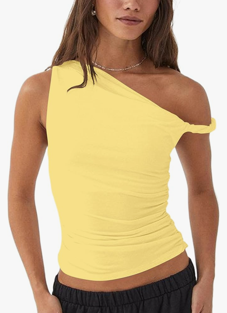 Women One Off The Shoulder Ruched Twist Crop Tank Tops Sleeveless Asymmetric Slim Fit Y2K Going Out Cami Shirt, Medium