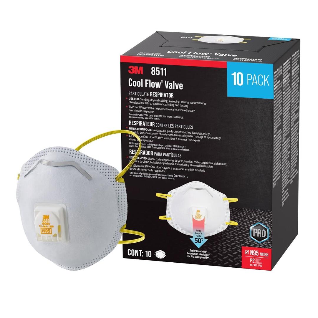 3M N95 Respirator 8511, Cool Flow Valve, 10 Pack, NIOSH-APPROVED, Advanced Filter Media For Easy Breathing, Comfortable For Long Periods Of Wear, Helps Filter Pollen, Mold Spores & Dust (8511PB1-A-PS)