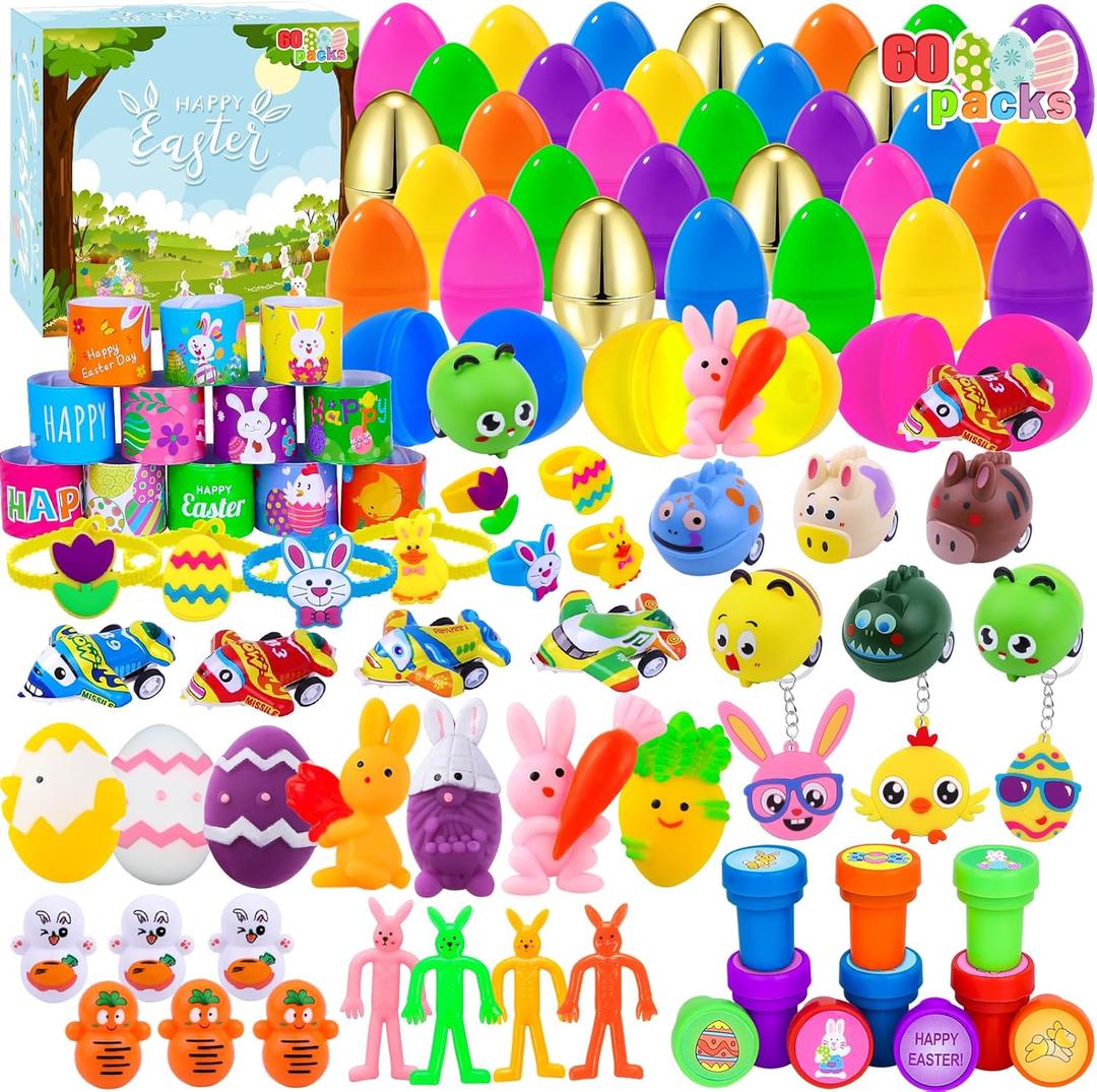 XIMISHOP 60PACK Pre Filled Easter Eggs with Party Favors Assortment Bulk,Easter Party Favors Surprise Eggs for Easter Eggs Hunt, Easter Basket Stuffers Fillers, Classroom Prize Supplies
