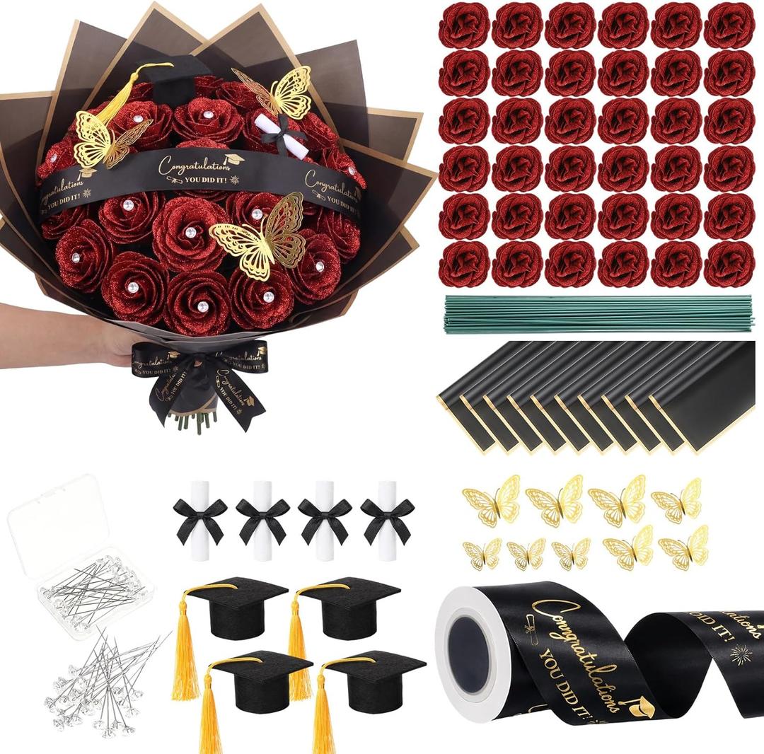 68 Pcs Graduation Glitter Roses Bouquet Set Include Glitter Rose Wrapping Paper Ribbon Butterfly Gem Pins Scroll Mini Grad Cap for Grad Party DIY Flower Money Bouquet Gifts(Red, Black)
