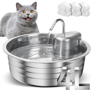 Cat Water Fountain, 4L/135OZ Stainless Steel Pet Fountain with 3 Filters Dog Water Dispenser, Dog Water Bowl Cat Drinking Fountains Watering Supplies with Ultra-Quiet Pump for Pets Indoor