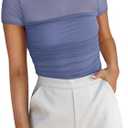 REORIA Women's Sexy Mock Turtle Neck Short Sleeve Shirts Sheer Mesh Ruched Trendy Going Out Bodysuits Tops, M, Blue Nova