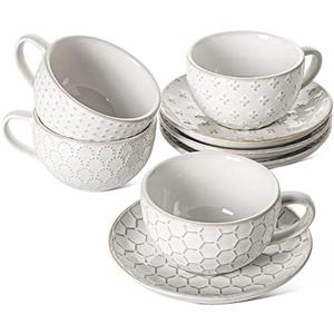 LE TAUCI Cappuccino Cups with Saucers - 8 oz Large Ceramic Coffee Cup Set for Café Au Lait, Latte, Mocha, Tea Cup and Saucer Set, Microwave & Oven Safe, Set of 4, Embossed, White
